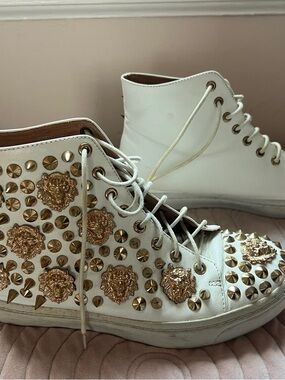 Jeffrey Campbell White High-Top Sneakers with Gold Studs